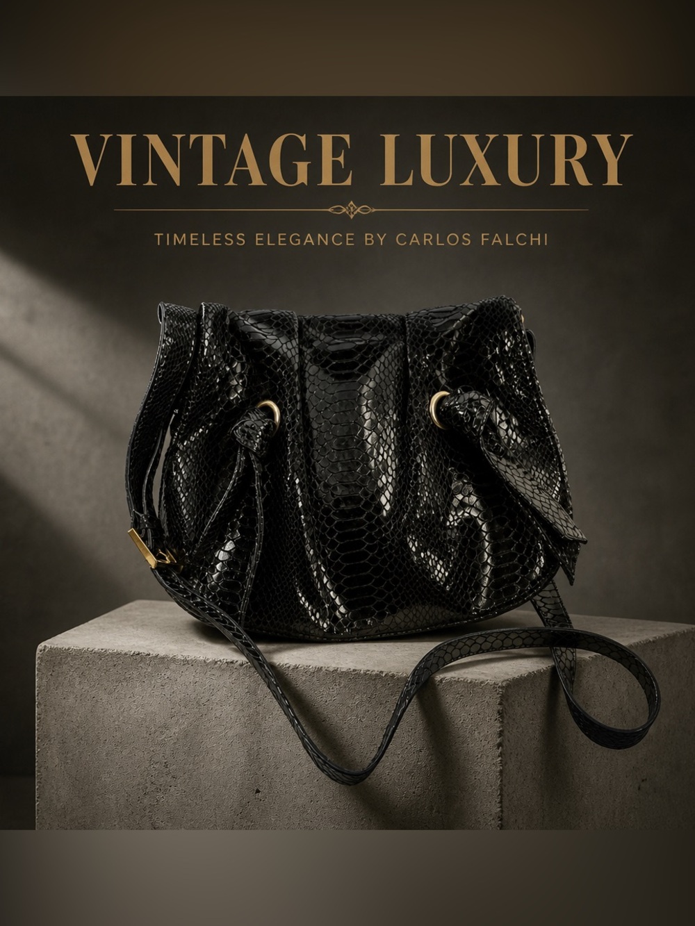 Carlos Falchi Black snake Embossed leather crossbody Bag with Gold Hardware